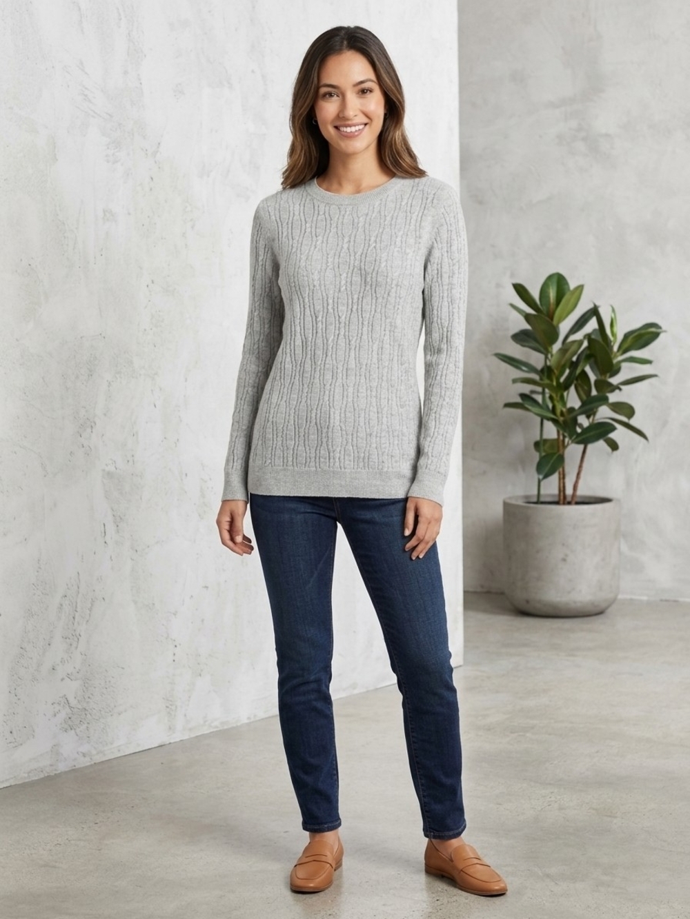 Women's Cable-Knit Crewneck Light Gray Merino Cashemere Blend Large - Picture 3 of 17
